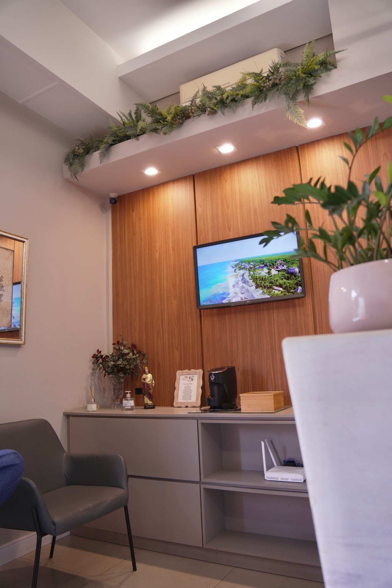 Sala de espera com poltrona, plantas e televisão.